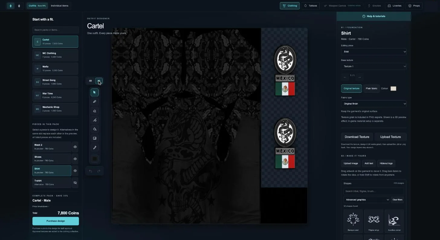 The 2D texture editor in the Design Studio, with the garment's flat artwork and badges. Click to enlarge.