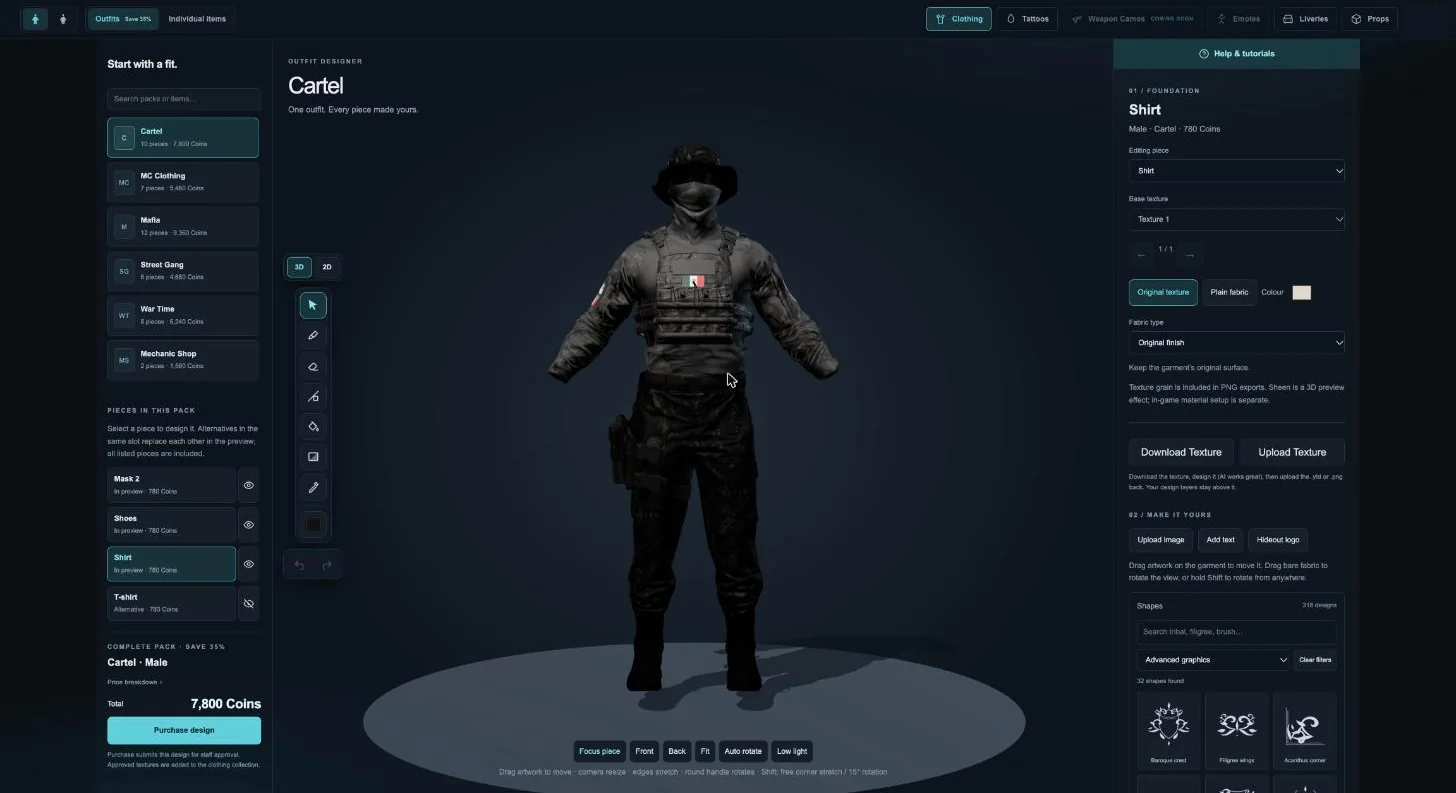 The Design Studio showing a character in a custom outfit in 3D, with outfit packs on the left and the design tools on the right. Click to enlarge.