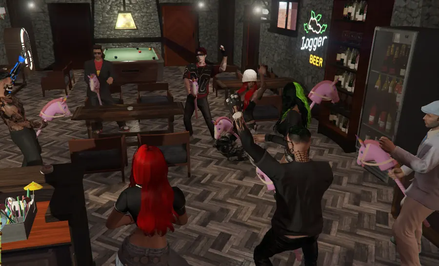 A packed bar in the city, everyone riding pink hobby horses