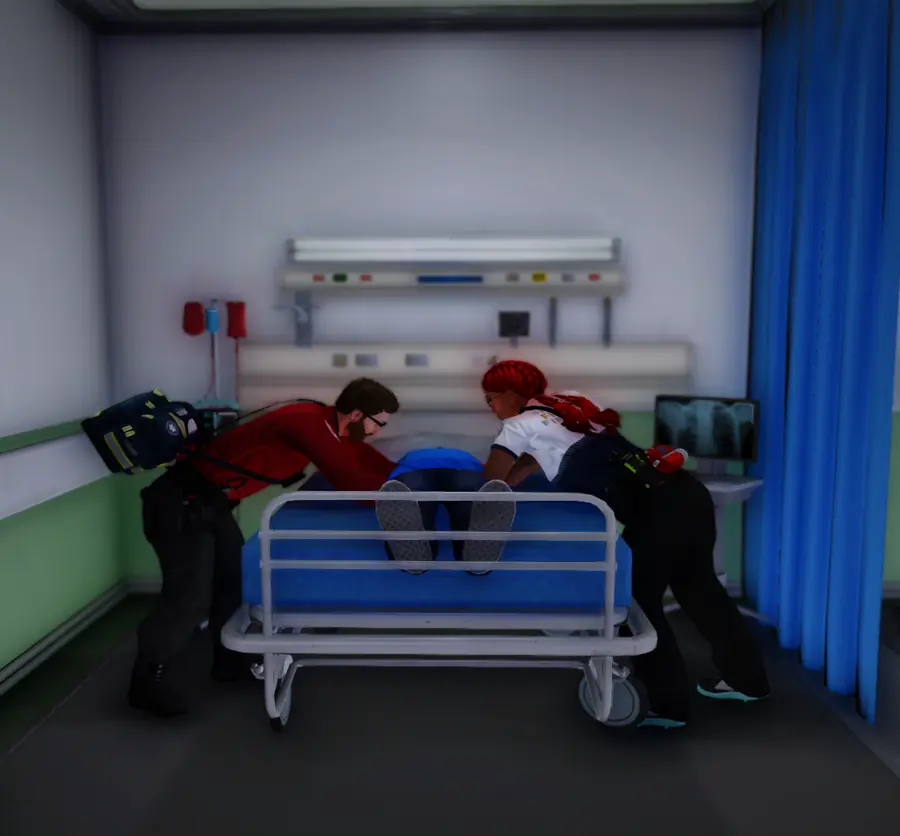 Two medics wheeling a patient on a stretcher through a hospital room